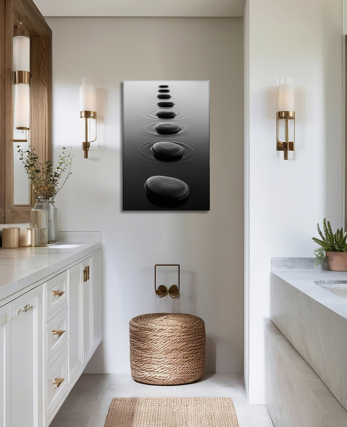 Zen Wall Art Bathroom Decor Black and White Canvas Prints Spa Stones on Water Picture Peaceful Scenery Artwork for Home Decor Frmaed (Zen-3 / 24"L x 16"W)