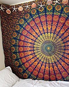 Tapestry Wall Hanging Hippie Mandala Bohemian Hippy Psychedelic Intricate Floral Design Indian Tapestries Bedspread 84 x 90 Inches (90"L x 84"W / Multi Color)