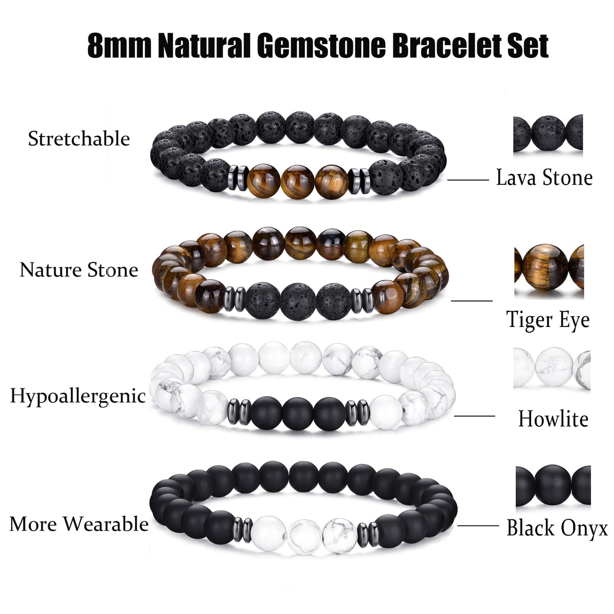 Mens Bracelets 8MM Natural Stone Beads Bracelet Set Stretch Adjustable Beaded Bracelets for Men (4,black,white,brown)