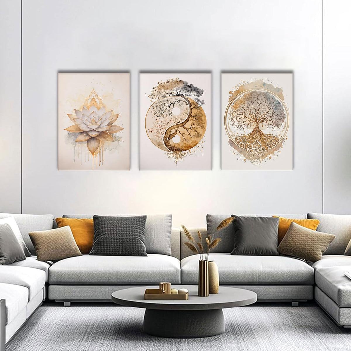 3 Piece 3 Piece Tree of Life Wall Art Zen Wall Decor Yoga Room Canvas Art Modern Gold Lotus Flower Pictures Spiritual Meditation Paintings Spa Artwork For Living Room Bathroom (Lotus Gold / 12x16in)