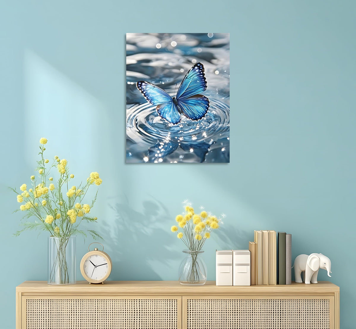 Blue Butterfly Canvas Wall Art Butterfly Picture Framed Blue Butterflies Playing in the Water Poster Vintage Butterflies Painting for Bathroom Living Room Yoga Room Wall Framed 24X30 inch (30"L x 24"W / Blue Butterfly Poster Framed)