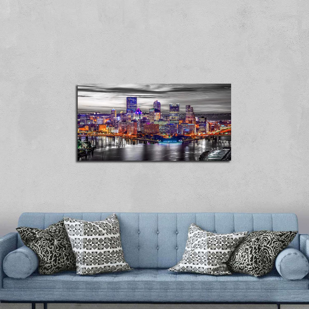 Pittsburgh Wall Art Living Room Decorations Black and White City Skyline Picture Modern Office Wall Decor Pennsylvania Nightscape Panoramic Canvas Prints Cityscape Painting Skyscraper Artwork 20x40" (40"L x 20"W / Pittsburgh)