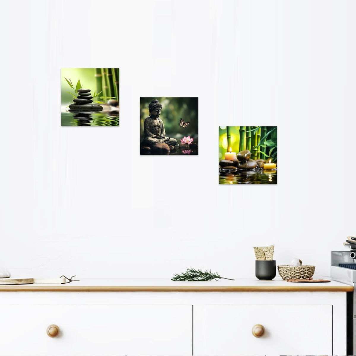 Zen Canvas Wall Art 3 Piece Bamboo Spa Pictures Zen Stones Candles Painting Buddha Print Beauty Treatment Meditation Room Decor Framed (B / 16"x16"x3)