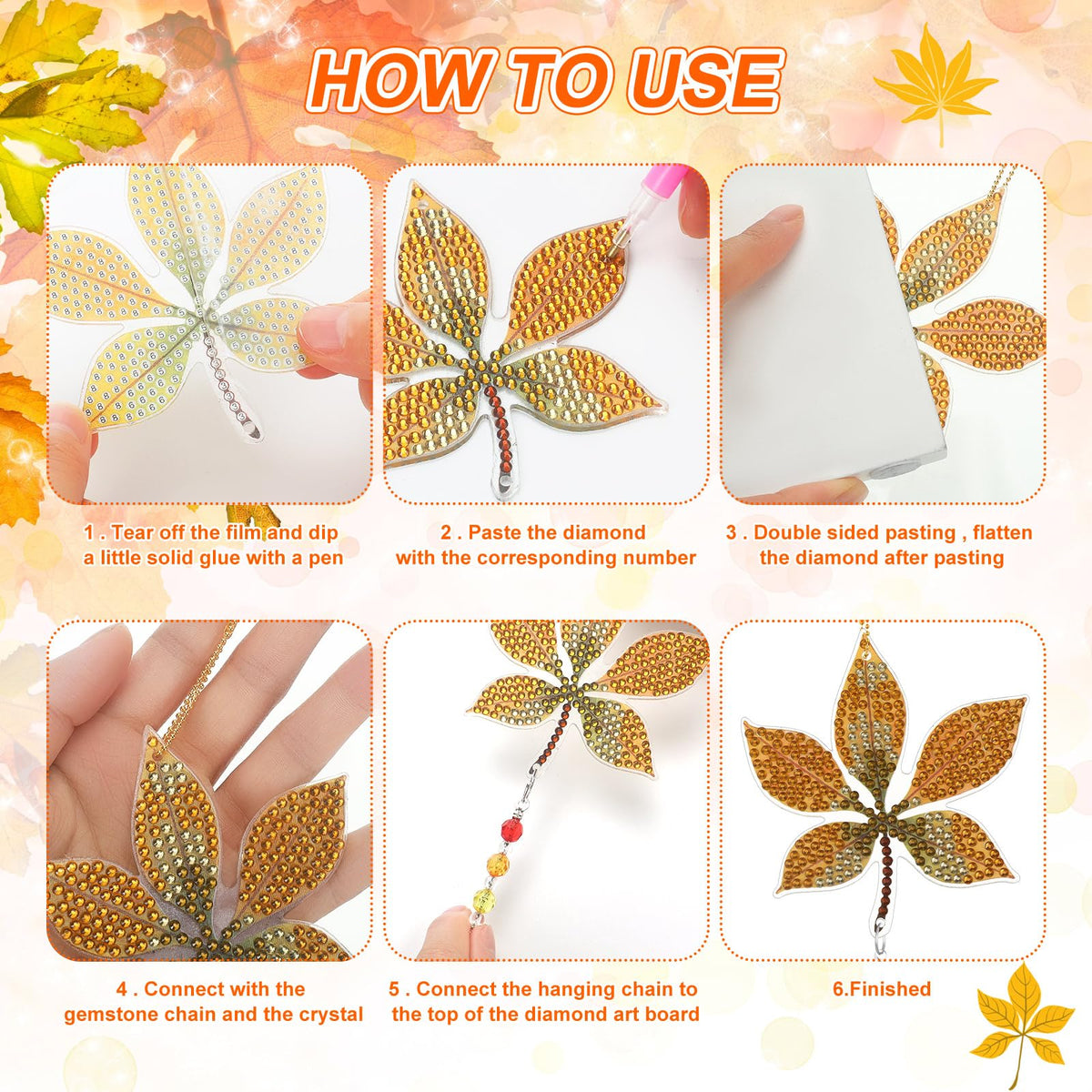 6 Pcs Fall Diamond Art Keychain Kits for Adults Diamond Painting Wind Chime (Maple Leaves)