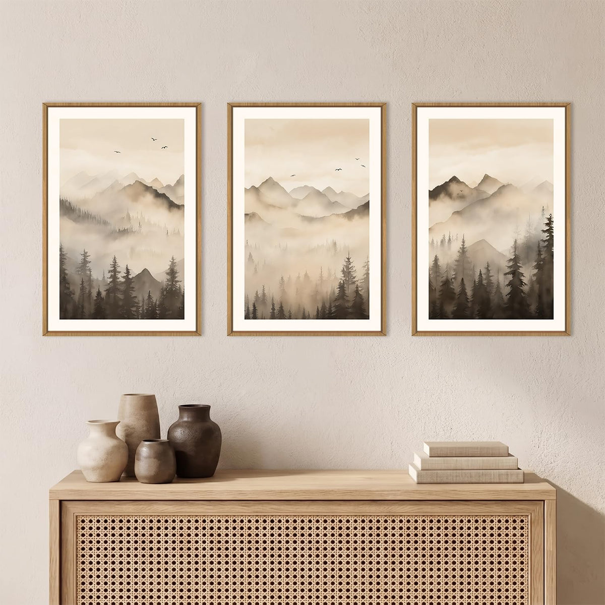 Neutral Misty Mountain Forest Framed Canvas Wall Art (Misty Forest Wall Art / 16"L x 24"W)