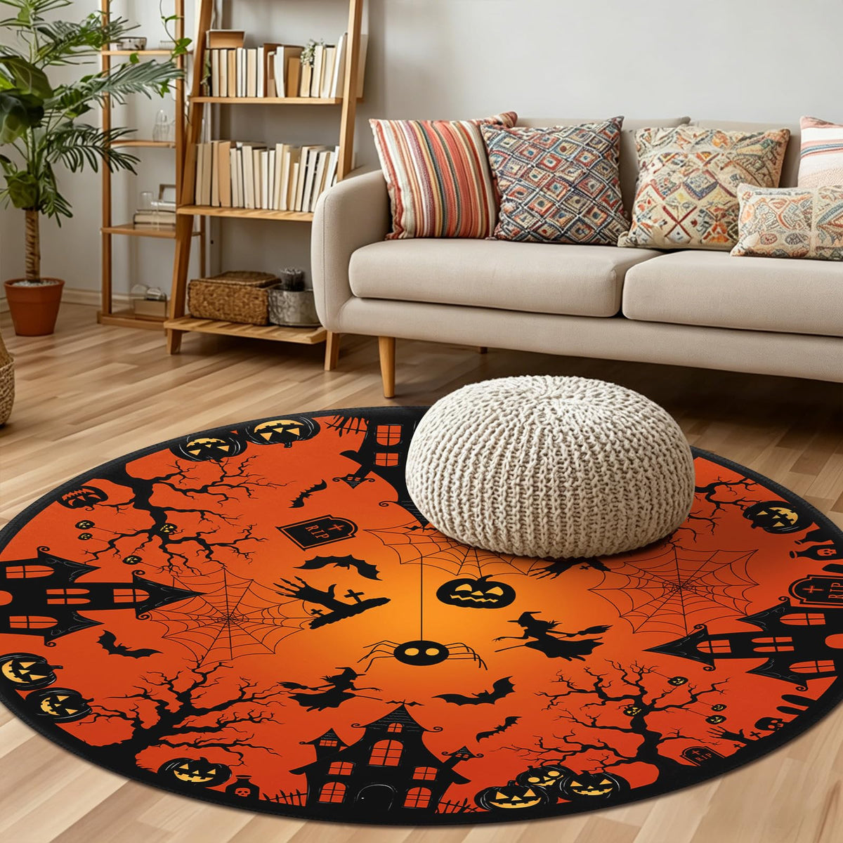Halloween Round Area Rug 4ft (Spooky-orange / 4' (Round))