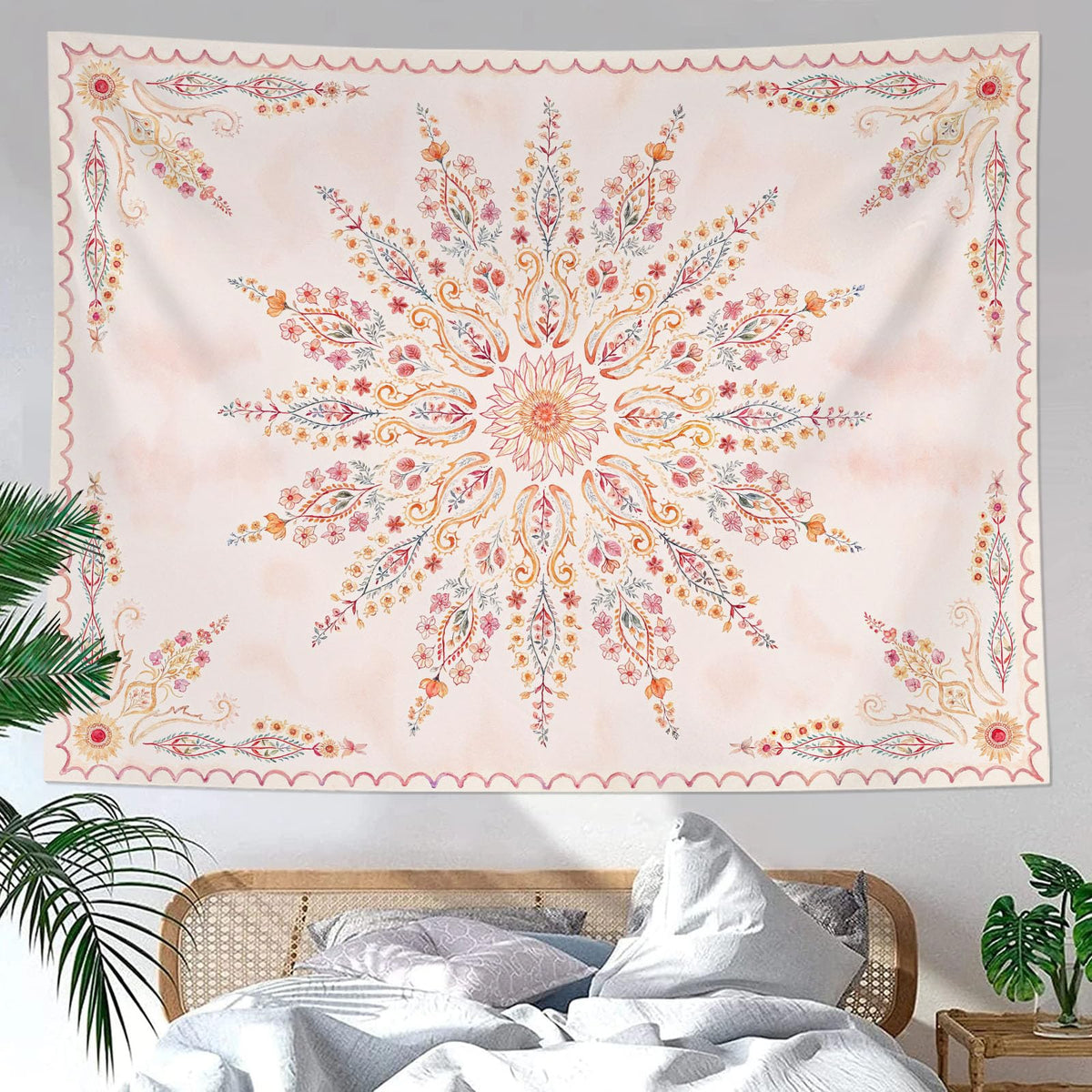 Boho Floral Mandala Tapestry for Bedroom Aesthetic Pink Bohemian Flower Wall Tapestry Watercolor Hippie Indian Tapestries Wall Hanging for Living Room Dorm Decor 60 x 44 Inch (Pink Brown / 60"L x 44"W)