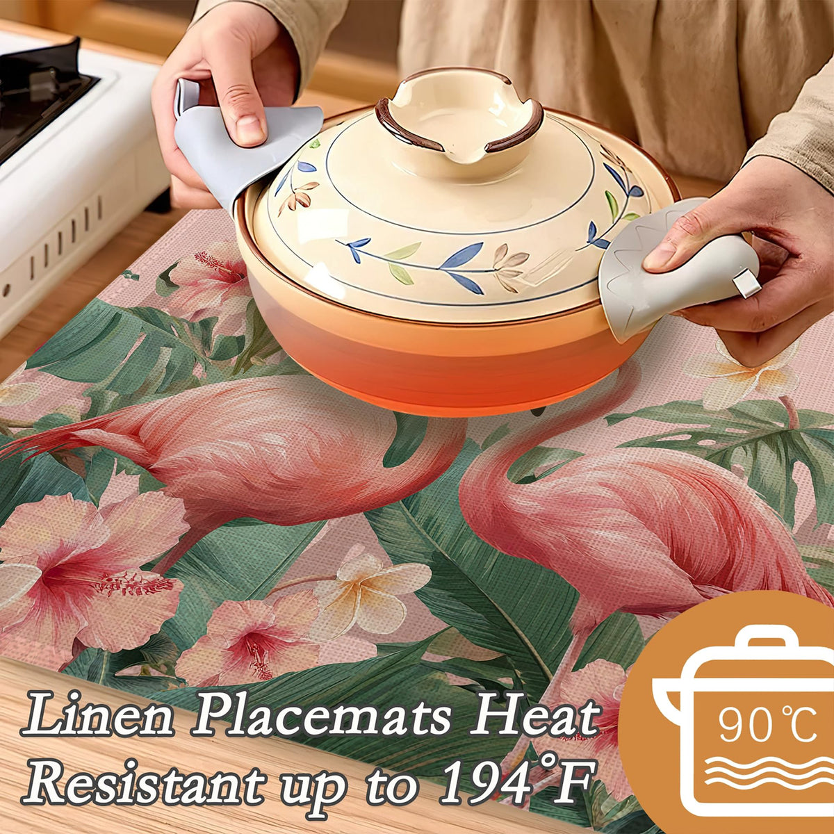Flamingo Placemats Set of 6 (Flamingo Hibiscus Palm Leaf)