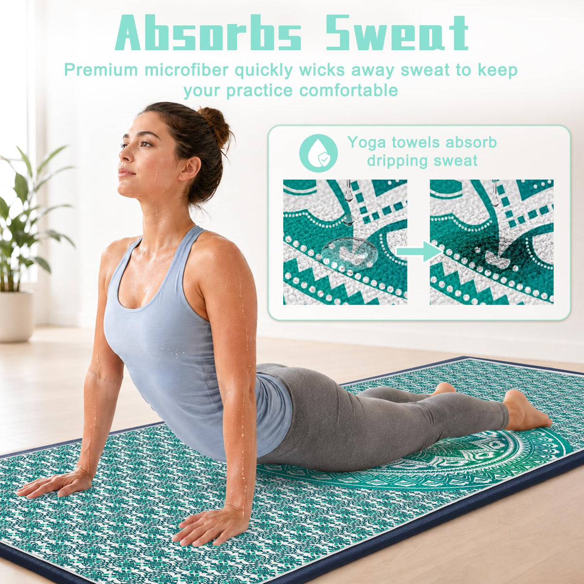 Yoga Towel Absorbent Yoga Mat Towel for Hot Yoga Non Slip (Green Circle / Casual)
