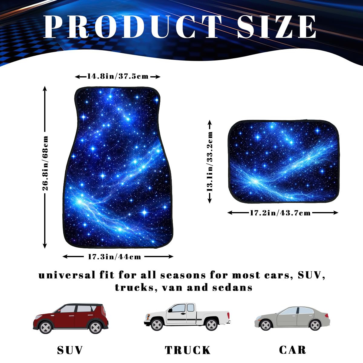 Galaxy Car Floor Mats Set of 4 Blue Starry Night Cosmic Sky Automotive Foot Mats Rugs Carpet for Car Non (26.8"L x 17.3"W x 0.2"Th / Galaxy)