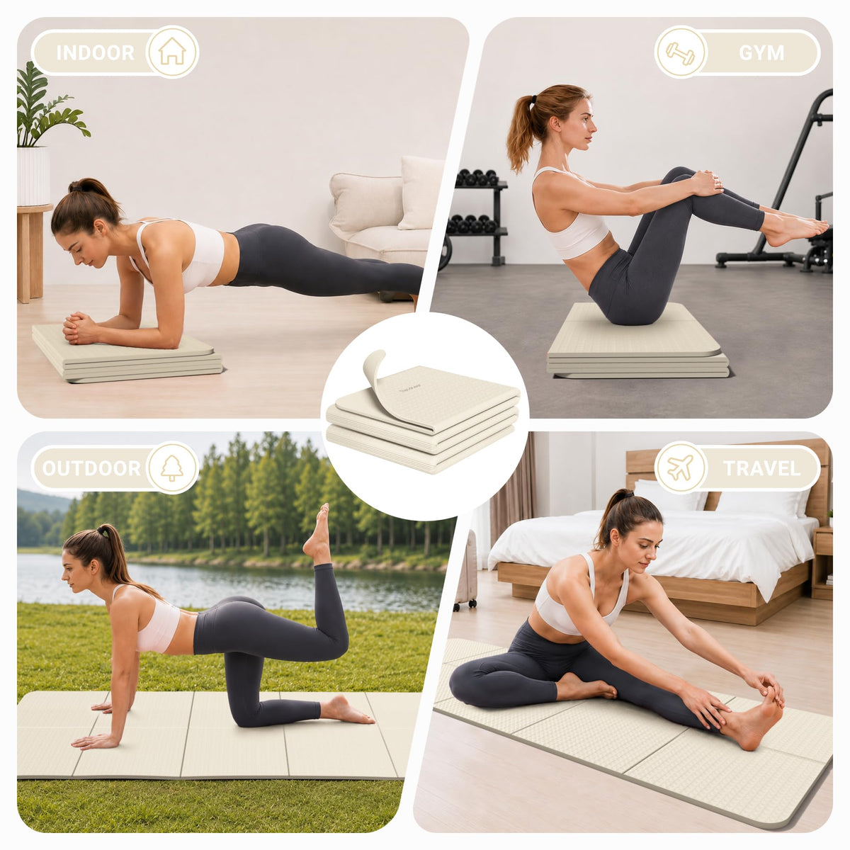Foldable Yoga Mat for Travel Folding Yoga Mat 6mm Thick with Carrying Bag (Beige)