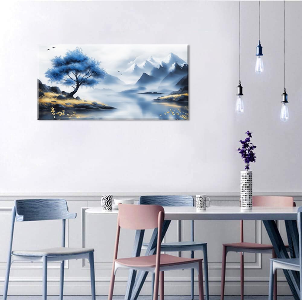 Blue Tree Lake Wall Art for Living Room Canvas Painting Prints Beautiful Mountain Lakeside Landscape White Nature Artwork Office Bedroom Family Room Decor Extra Large (58L" x 28W" / Yellow and Blue Wall Art(k826))