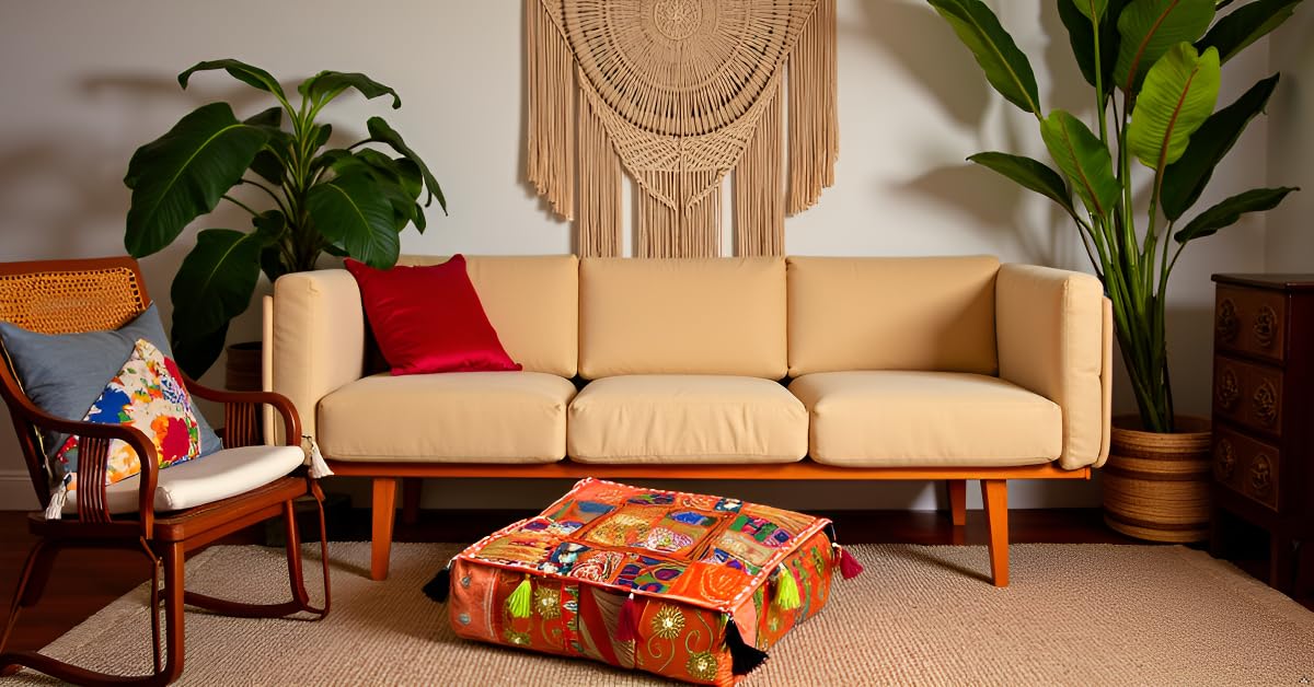 Indian Square Patchwork Traditional Pouf Cover Indian Living Room Poufs Decorative Embroidered Designer Ottoman Home Living Footstool Chair Cover Decor Pillow Cover 18x18x5 inches (18"D x 18"W x 5"H / Orange)