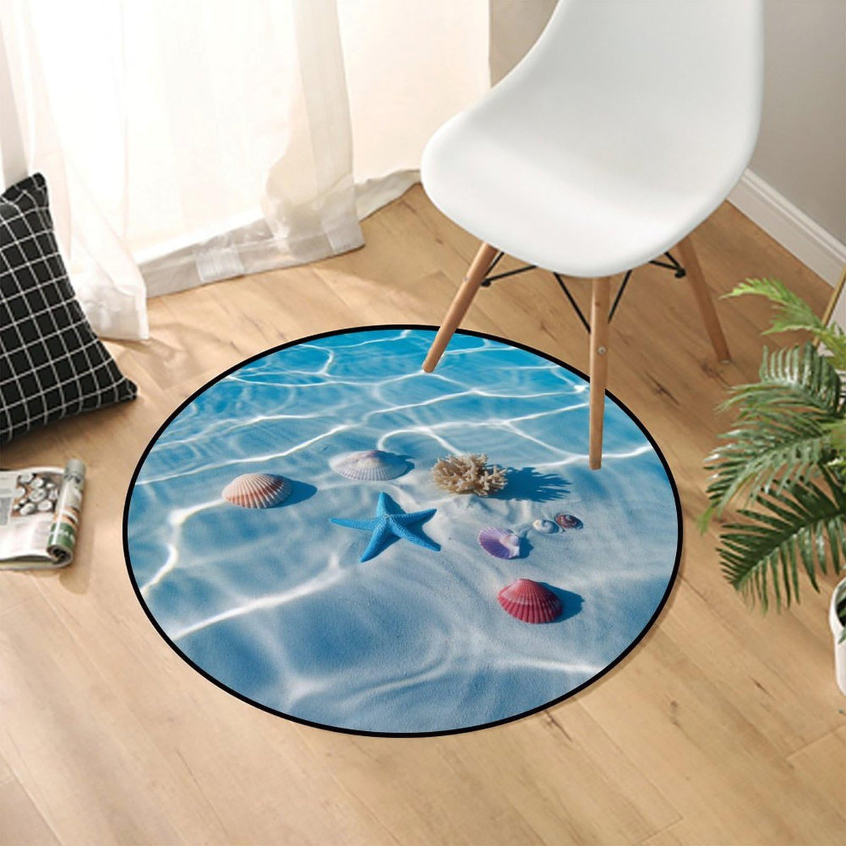 Round Area Rugs 2 FT Washable Non Slip Circle Rug (Seashells and Starfish Under the Blue Lake Water / 2' (Round))