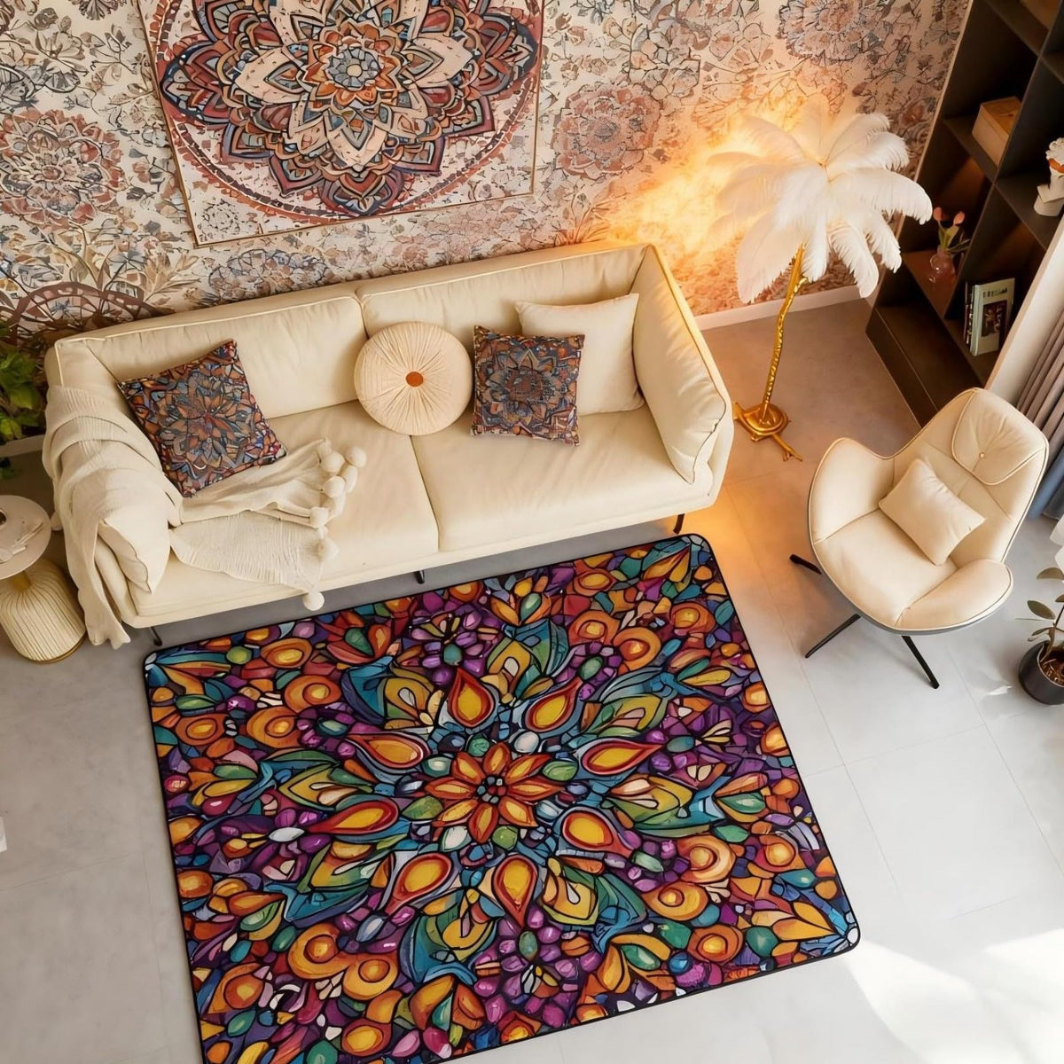 Vintage Mandala Large Area Rug 5x7 Bohemian Style Watercolor Flowers Living Room Rug (Orange Purple Green / 4'11" x 6'6" (Rectangular))