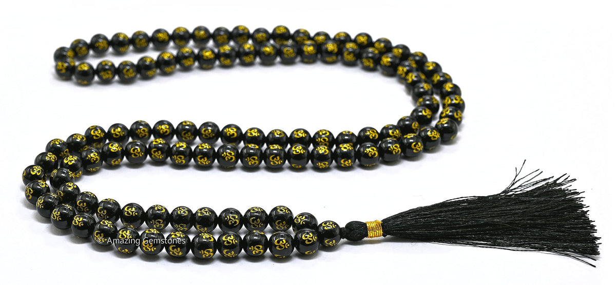 Black Agate Om Mala Beads (Om (Black Agate) / Plain)