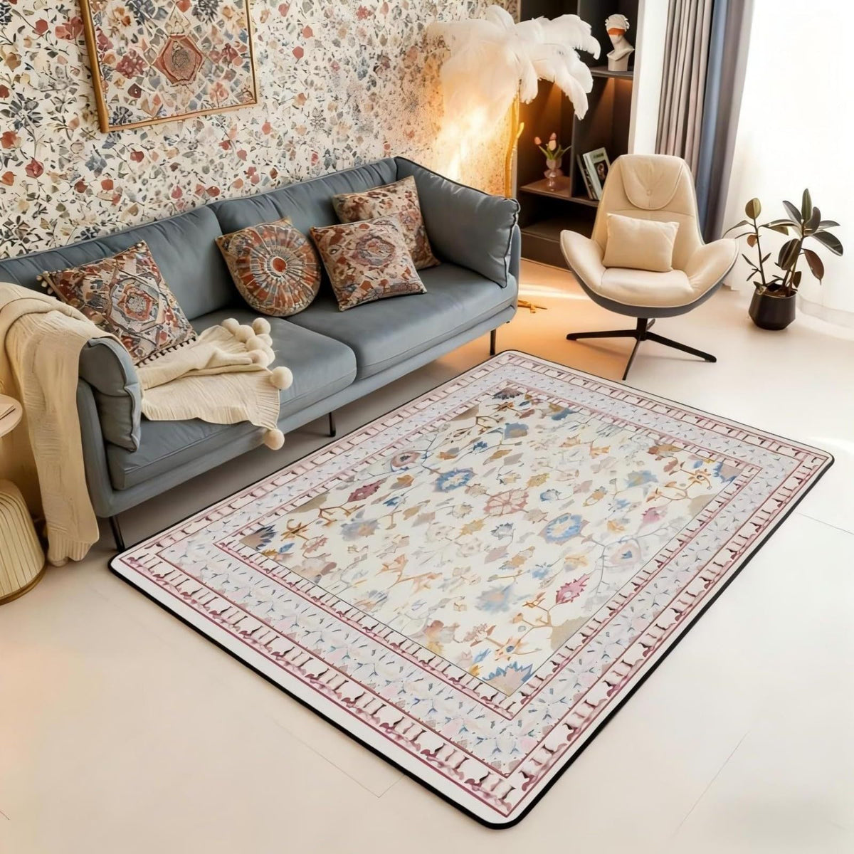 Boho Area Rug 5x7 Vintage Floral Art Deco (Pink Beige / 4'11" x 6'6" (Rectangular))