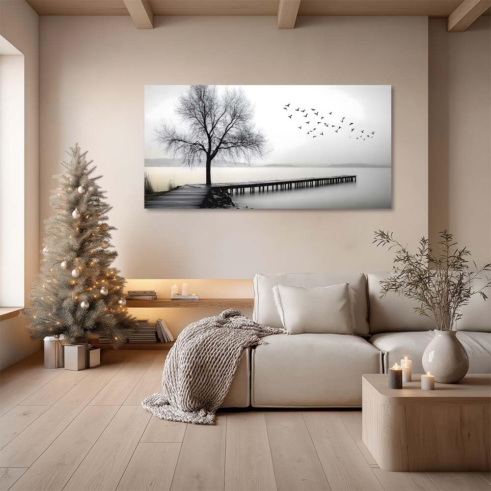 Black and White Lake Pier Canvas Wall Art Bare Tree Flying Birds Minimalist Landscape Painting Flat Print Gallery Wrapped Artwork for Living Room Bedroom Bathroom Decor (Mysterious / Black Lake Pier 6 / 40"L x 20"W)