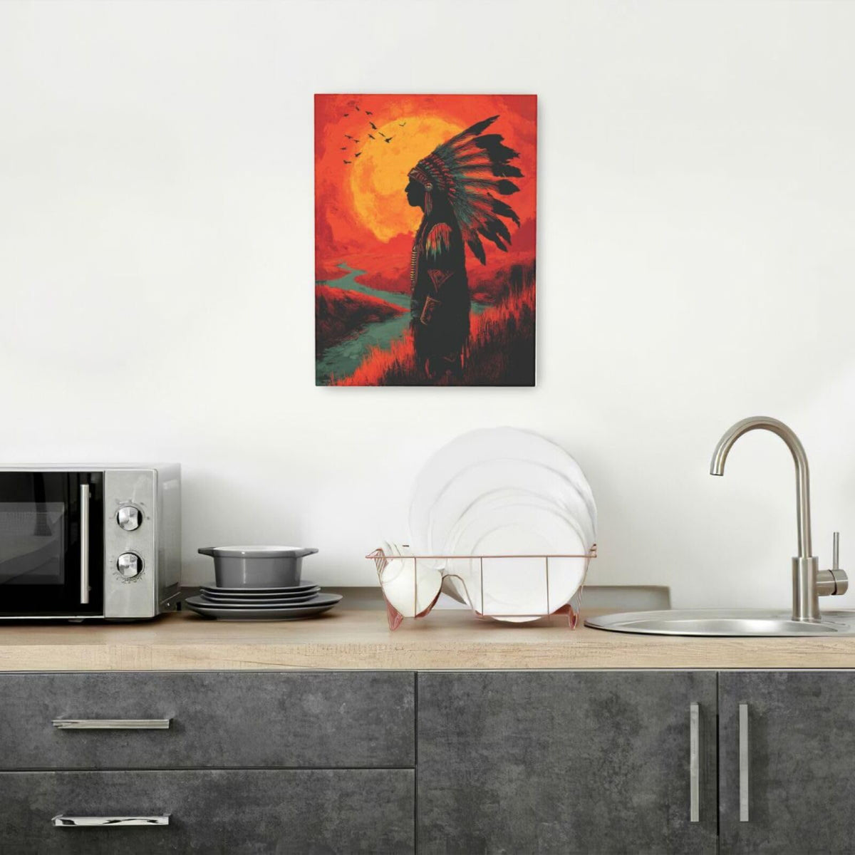 Native American Wall Art Indian Tribe Wall Decor Feather Canvas Pictures Vintage Landscape Paintings Prints Traditional Artwork Framed Decorations For Bathroom Bedroom Living Room Office Gifts 12" x 16" (Native American / 16"L x 12"W)