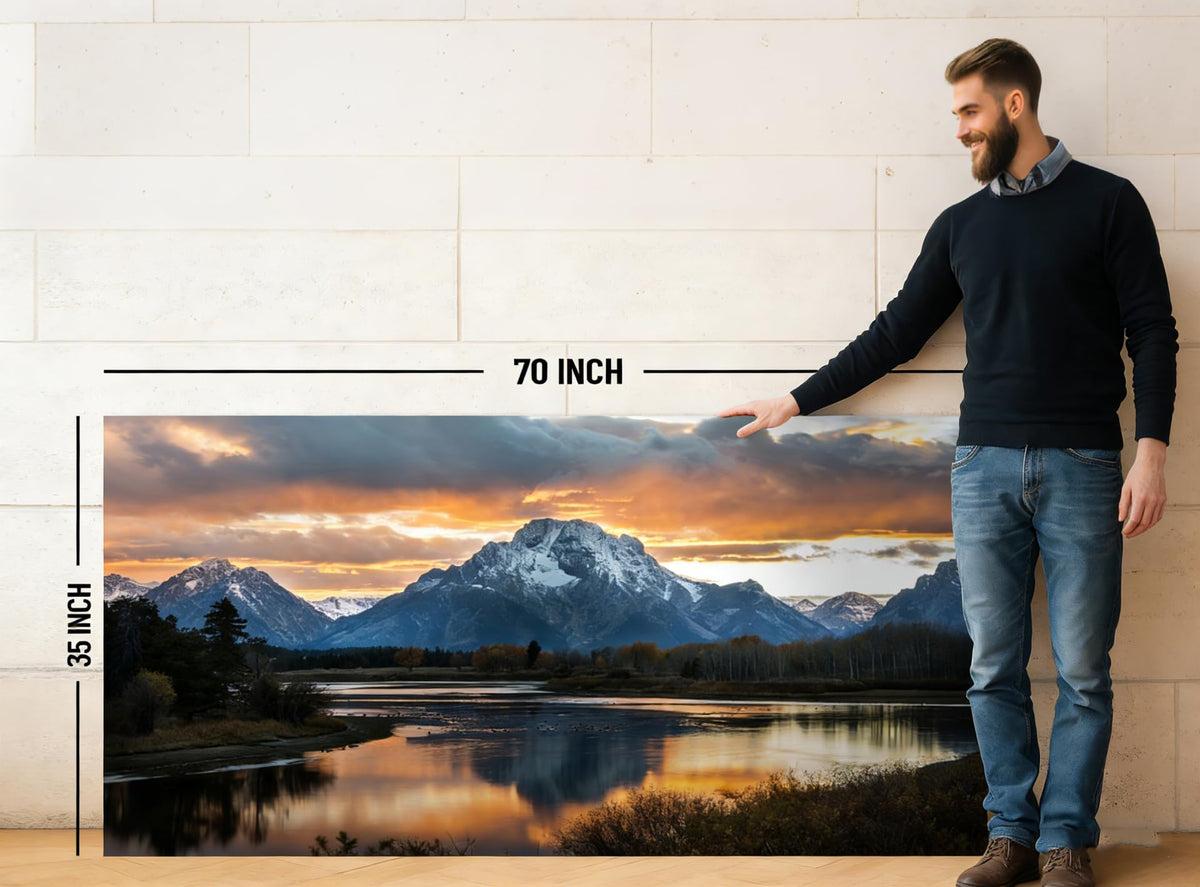 Extra Large Mountain Wall Art for Living Room Sunset Nature Grand Teton Wall Decor National Park Posters Wyoming Snake River Landscape Canvas Prints Artwork for Bedroom Office Home Decoration 35x70" (70"L x 35"W / Grand Teton)