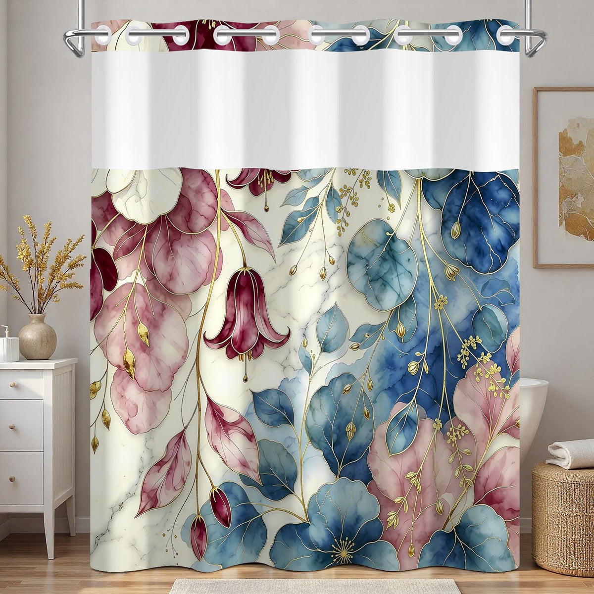 Luxury Art Floral Shower Curtain with Snap in Removable Liner (Abstract Floral)