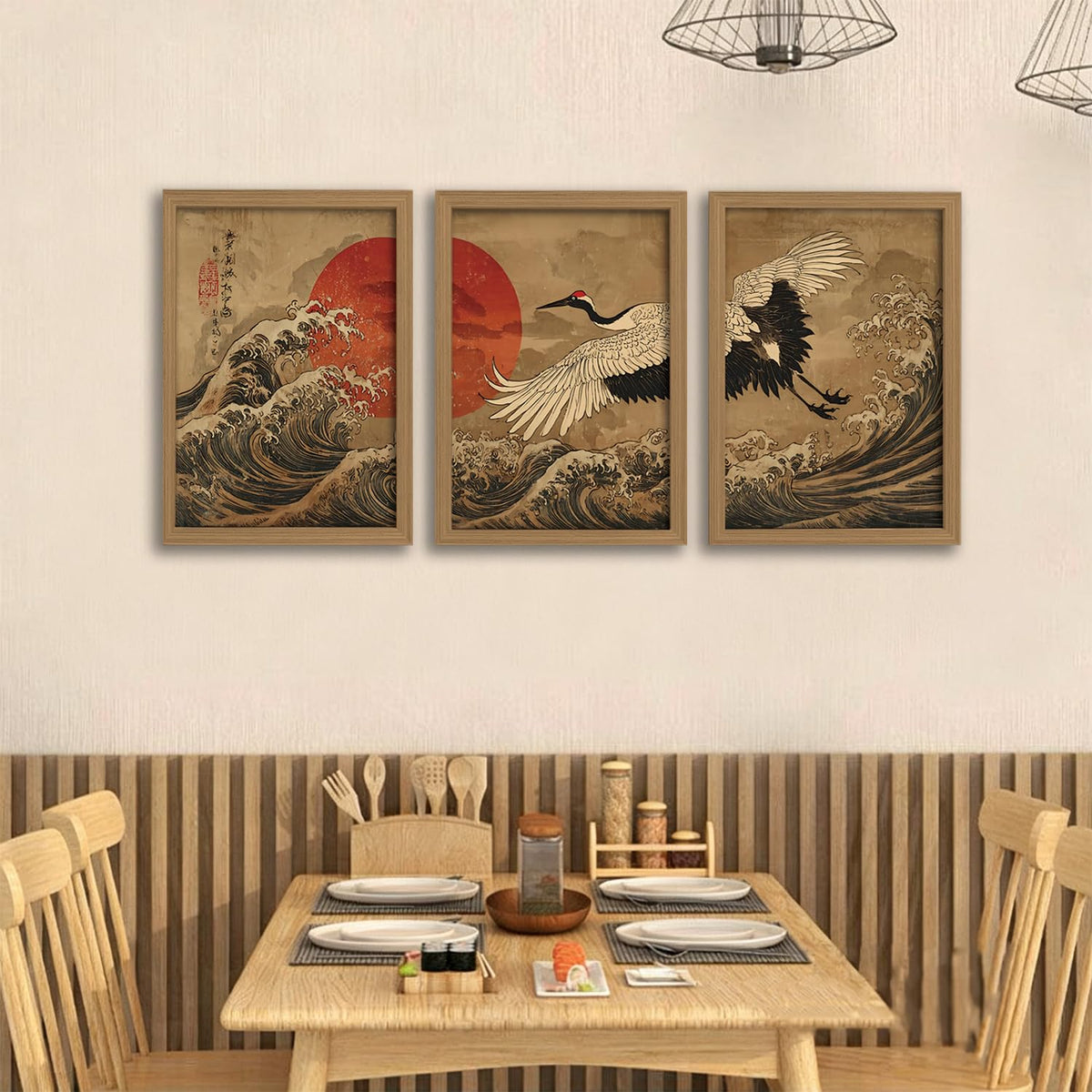 Framed 3Pcs Japanese Style Canvas Wall Art Crane Red Sun Wave Decor (white wild goose / 16"L x 12"W)