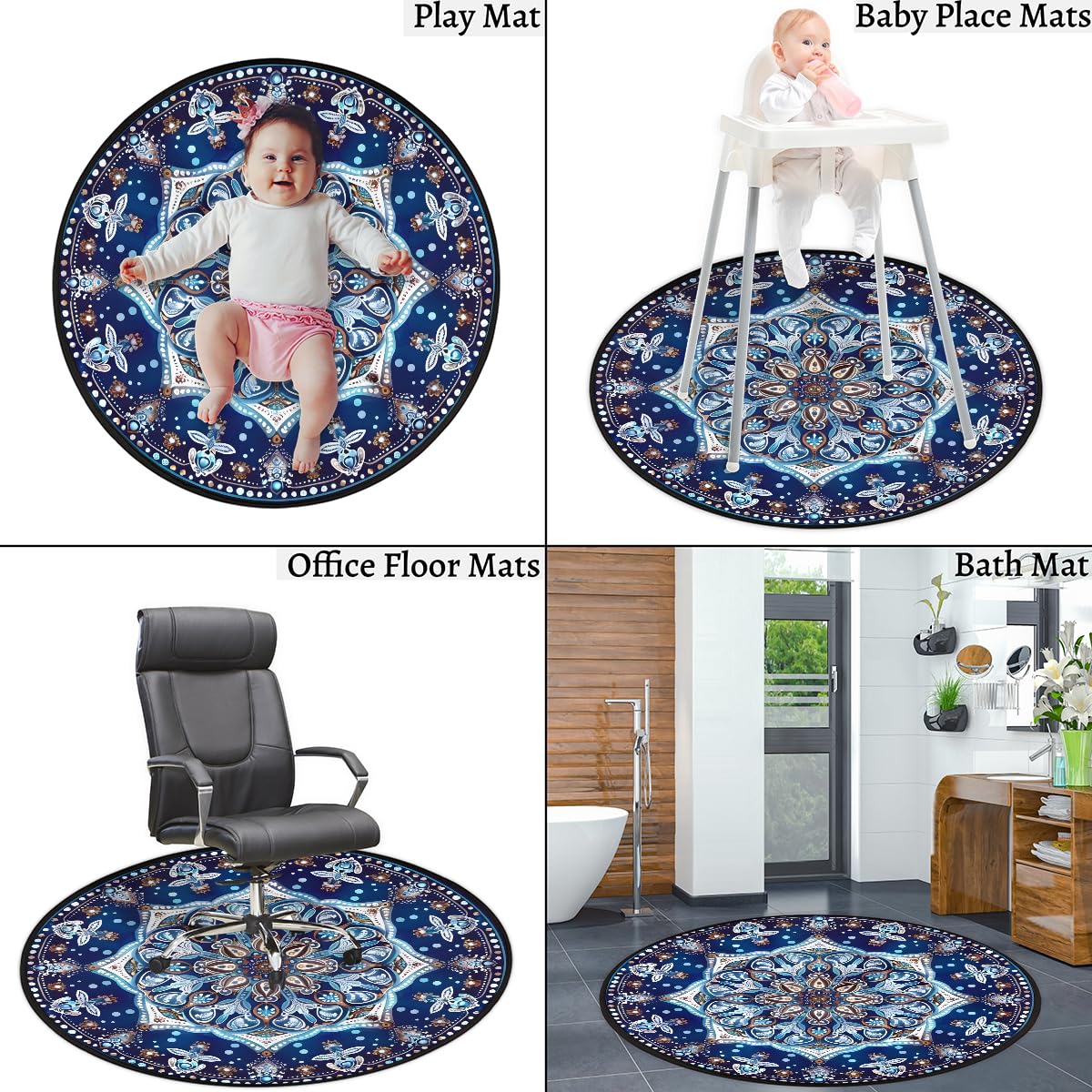 5 Ft Blue Mandala Round Rug Circle Area Rugs Circular Door Mat for Indoor (A:a-8 / 5'5" (Round))