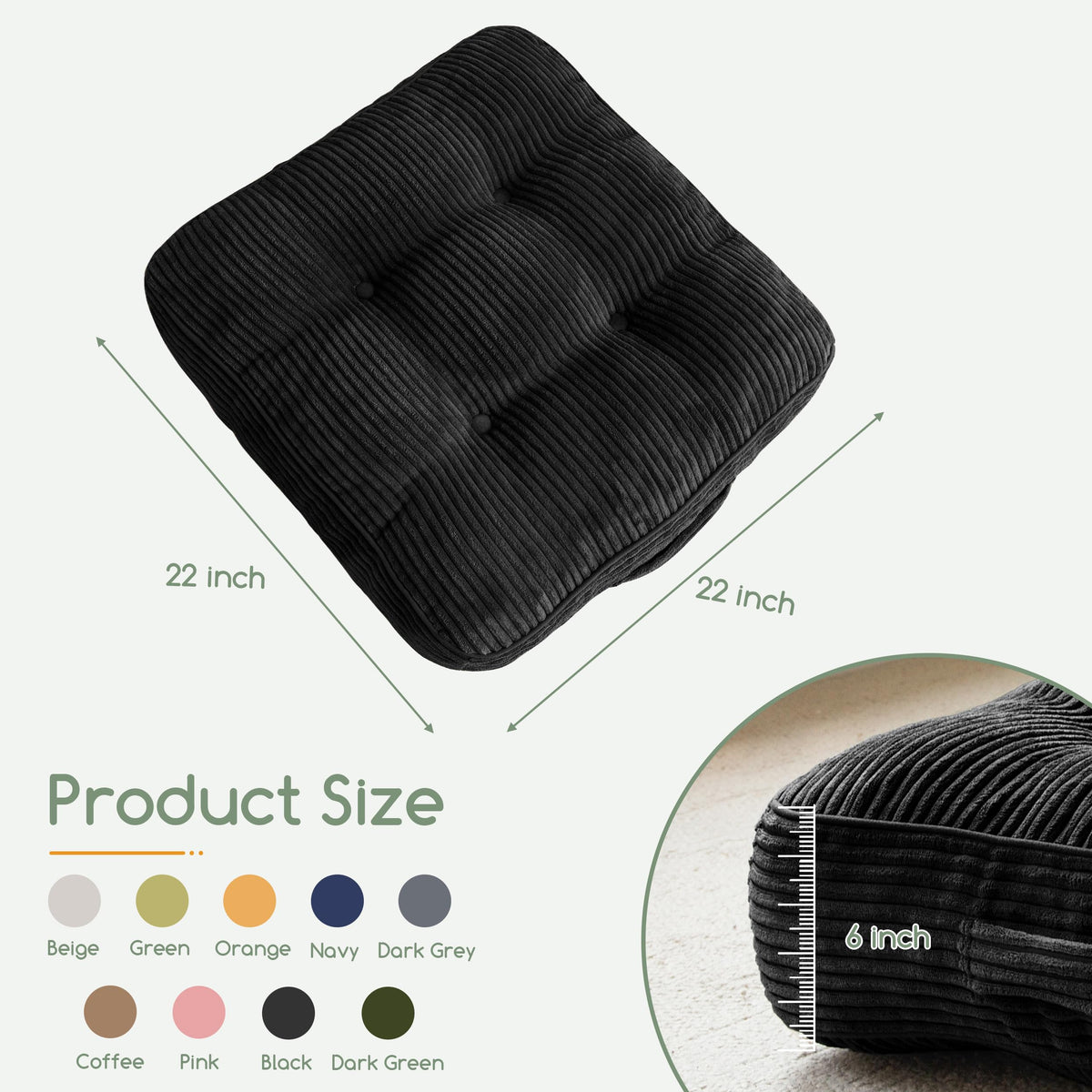 6" Extra Thick Floor Pillow Cushion for Adults (Square Black / 6" Thick(Pack of 1))