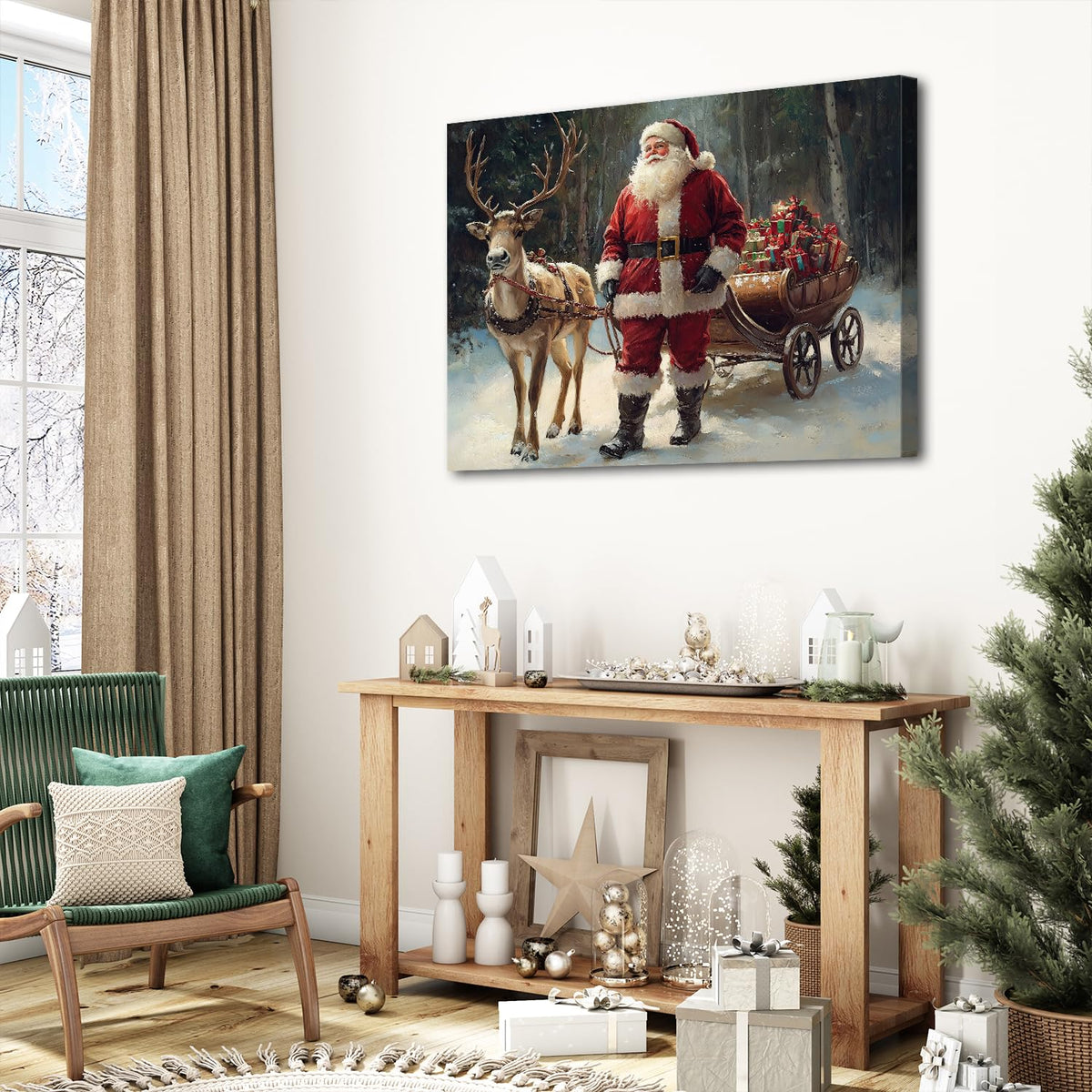 Christmas Poster Wall Art Living Room Bedroom Vintage Santa Claus and Deer Wall Decor Winter Forest Scenery Framed Canvas Snowy Holiday Artwork Print Reindeer Picture Dining Room Home Decoration 24x36 (36"L x 24"W / Santa Claus)