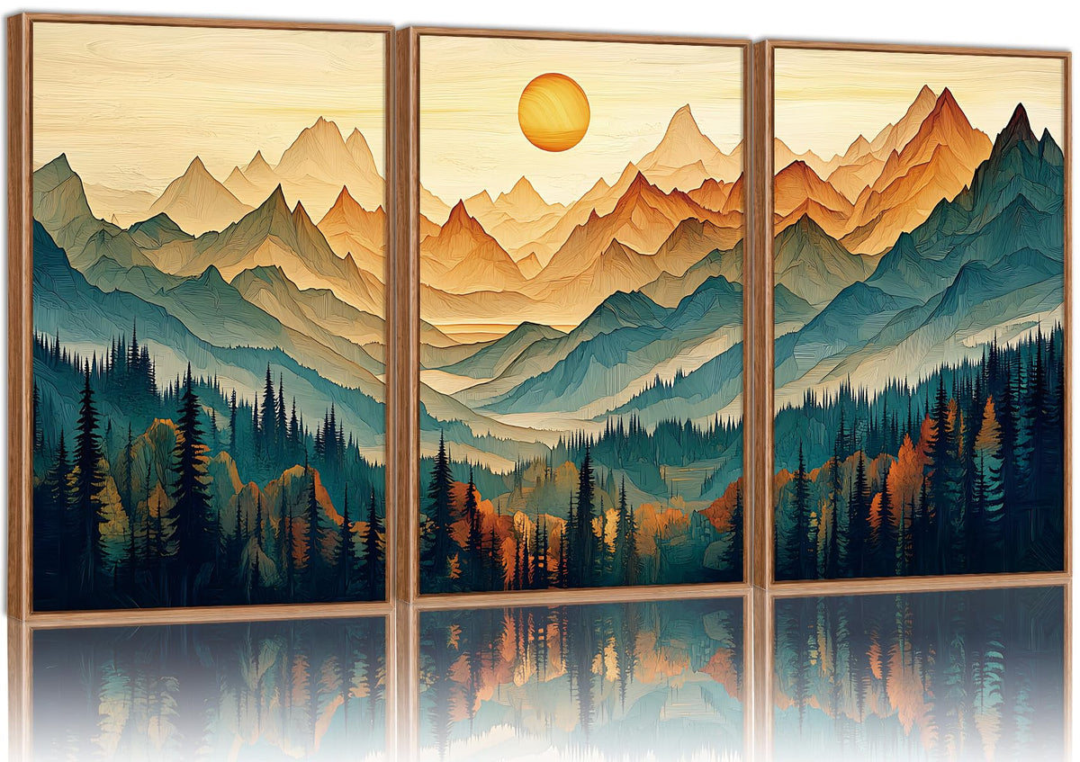 Large Mountain Framed Canvas Wall Art Set of 3 (Boho Mountains / 36"L x 24"W)