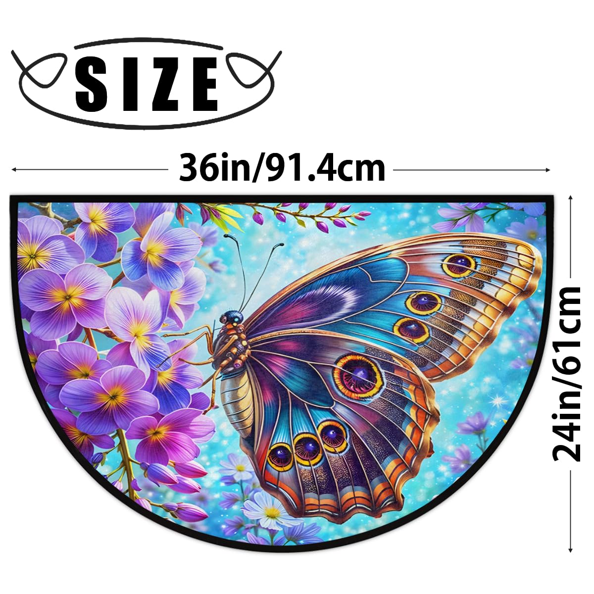 Colorful Butterfly Purple Flower Half Round Mat Half Moon Door Rug Washable Durable Semi Circle Carpet Floor mats for Indoor Outdoor Bathroom Kitchen Patio Hearth Rug Laundry Room Home Decoration (D 030)
