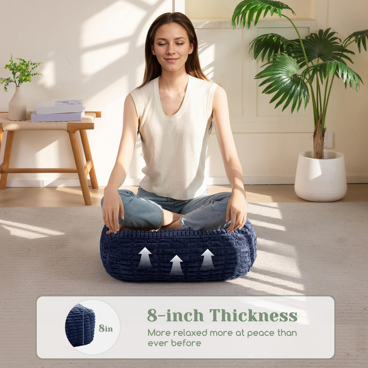 8" Floor Pillow Cushion for Adults (Square Navy / 8" Thick(Pack of 2))
