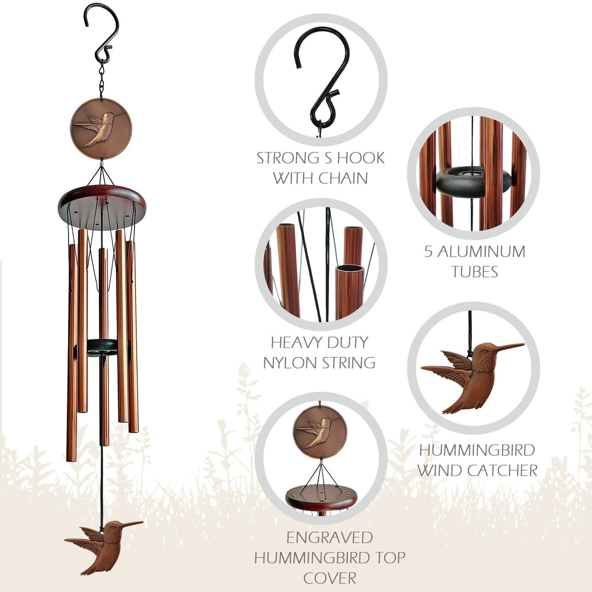 Hummingbird Wind Chimes for Outside (32inch)