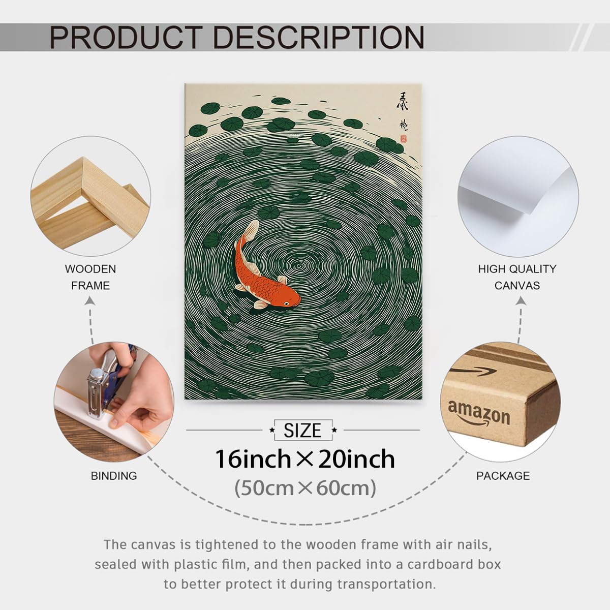 Japanese Koi Fish Framed Poster Oriental Asian Lucky Carp Canvas Wall Art 16x20 inch Retro Japan Room Aesthetic Print Minimal Green Painting for Zen Water Living Room Office Decor Ready to hang (Wrapped Canvas / Japanese Koi Fish / 20"L x 16"W)