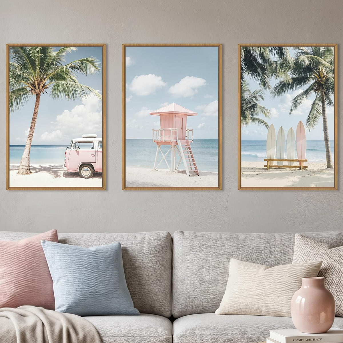 Large Beach Seascape Ocean Framed Canvas Wall Art Set (Beach Seascape Wall Art / 24"L x 36"W)