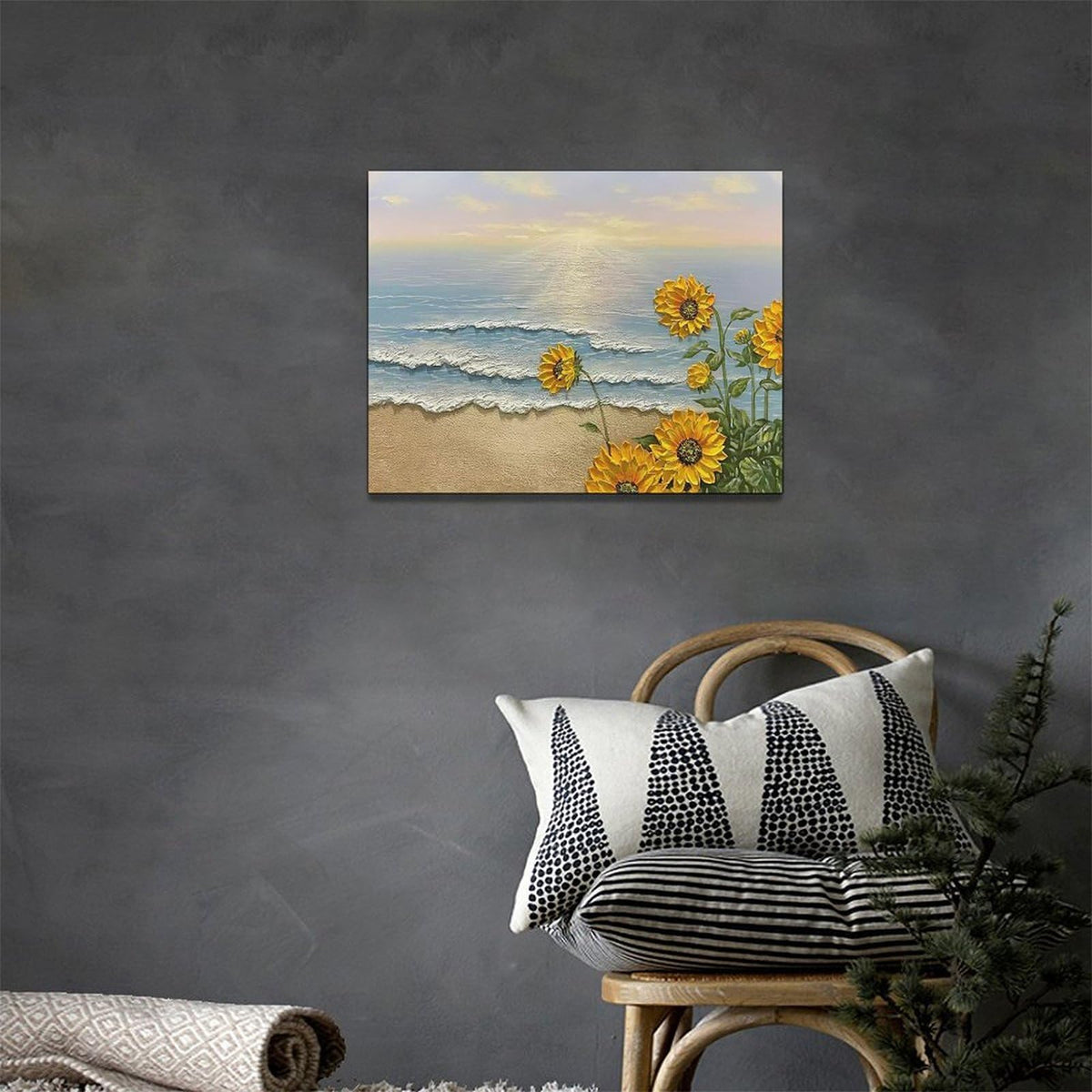 Sunflower Beach Decor Wall Art Coastal Ocean Waves Pictures Sunset Seascape Canvas Painting Nature Home Modern Artwork Decorations Framed for Bathroom Living Room Bedroom Office 16 x 12 inch (16"L x 12"W / Sunflower Beach)