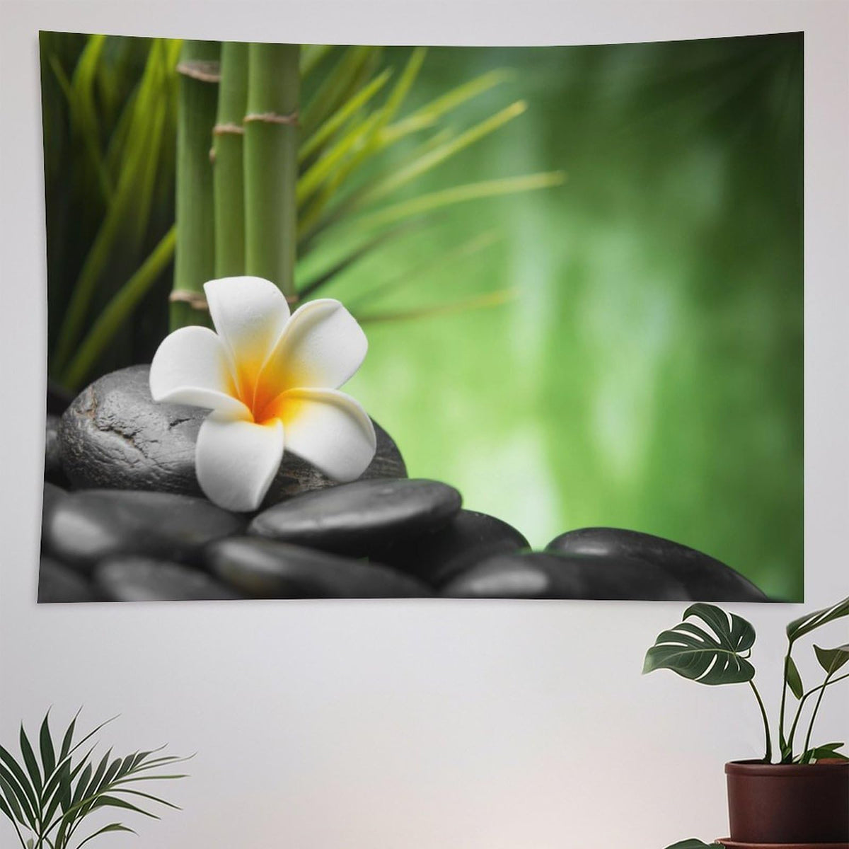 Zen Garden Tapestry Wall Hanging Spa Green Bamboo Stone White Flower Water Landscape Tapestries Home Decor for Living Room Bedroom Farmhouse Kitchen Dorm 60"x90" (60"L x 90"W / Zen-13)