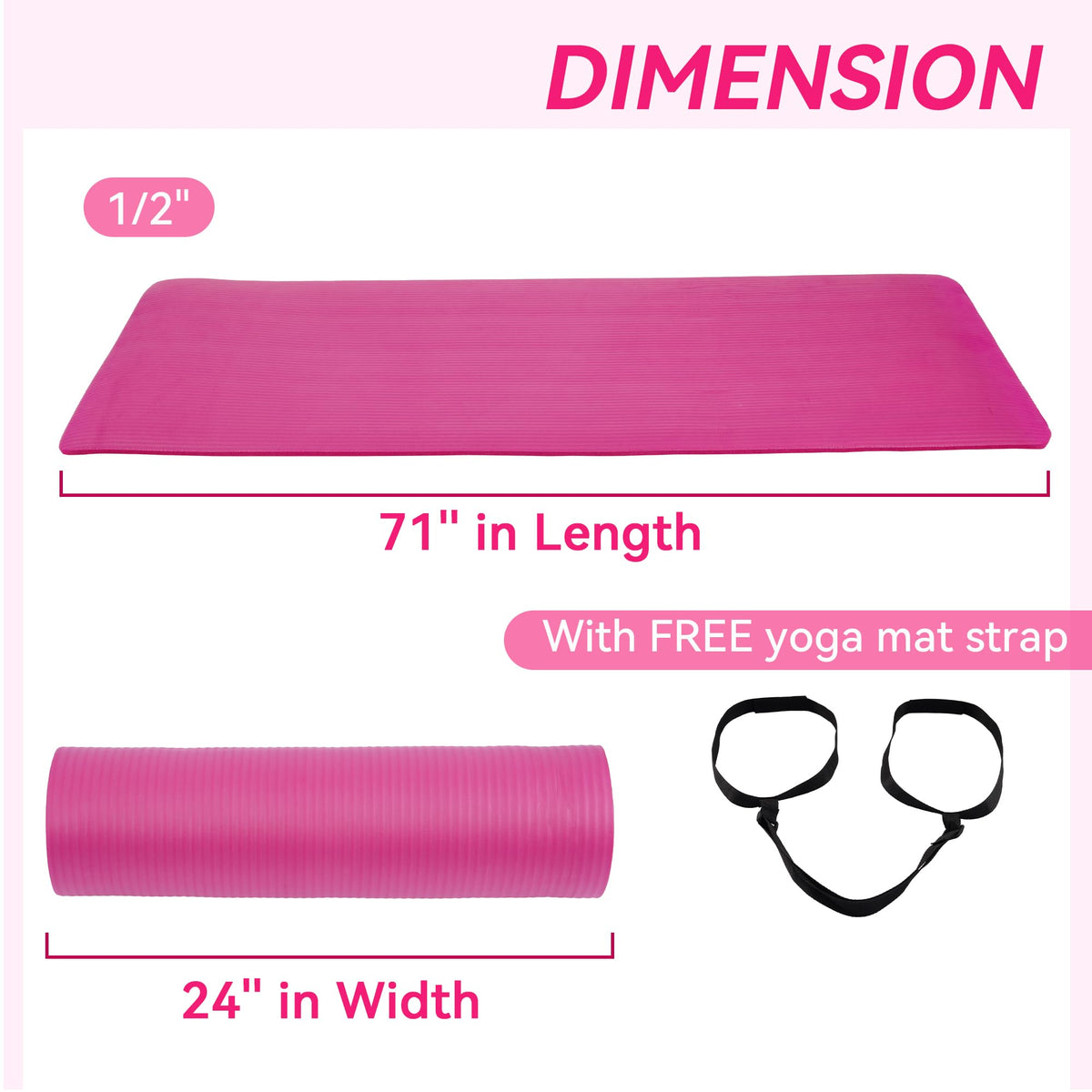 1/2-inch Thick High Density Exercise Yoga Mat with Carrying Strap (Pink)