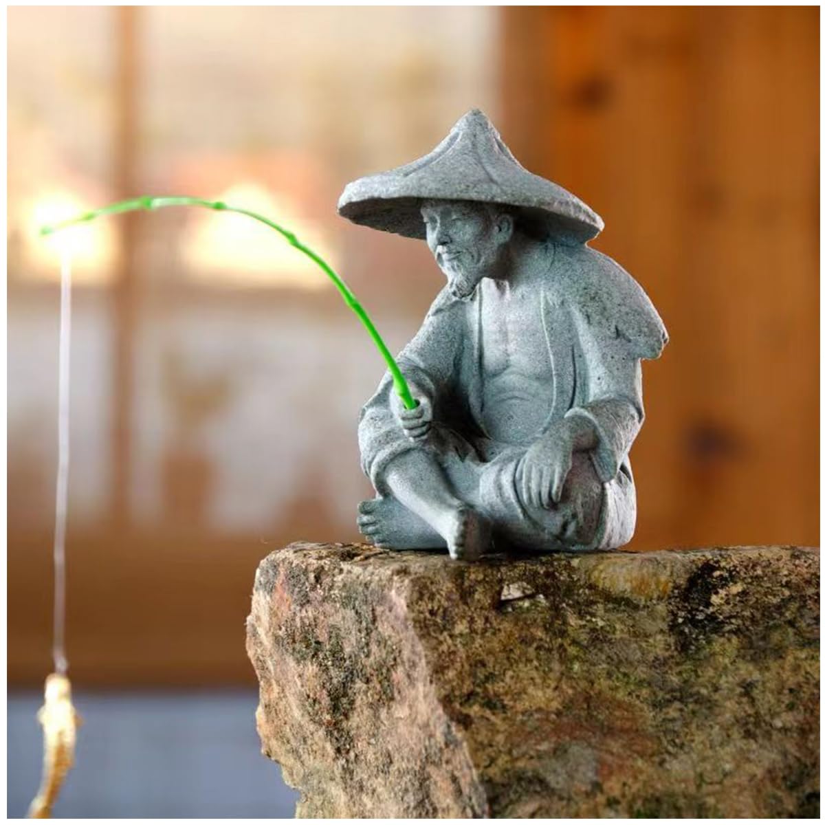 Mini Fisherman Statue Asian Zen Decoration Sitting Fishing Figurines Sandstone Vintage Ornament for Aquarium Fish Tank Pot Garden Home Japanese Decor (Yellow)