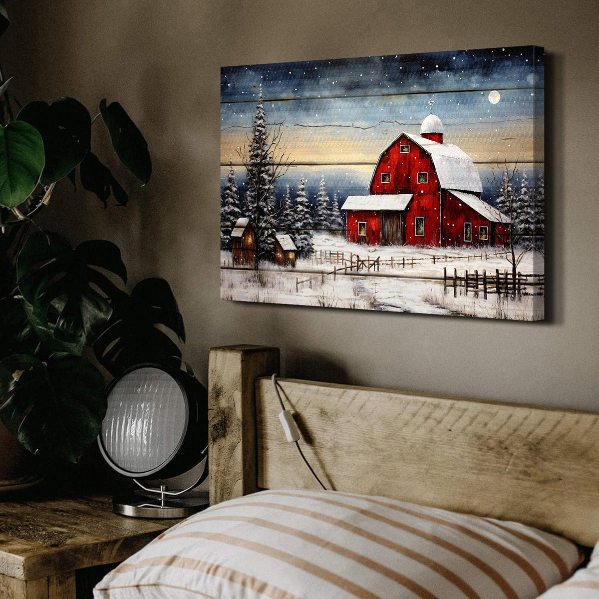 Red Barn Wall Art Snowy Winter Landscape Wall Art Christmas Home Decoration Rustic Farmhouse Prints Artwork Xmas Trees Painting Vintage Poster Artwork for Living Room Kitchen Ready To Hang 16x24” (24"L x 16"W / Christmas Barn)