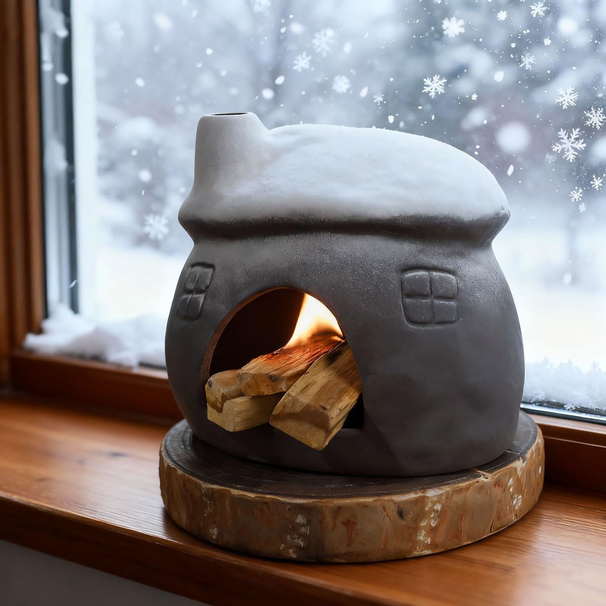 Wide Snow Roofed Palo Santo Burner (Black-snow Top)