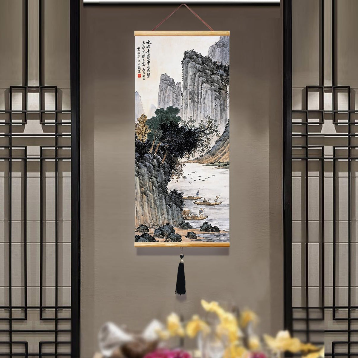 32x14in Asian Scroll Wall Art (Stream water flooding with Dan)