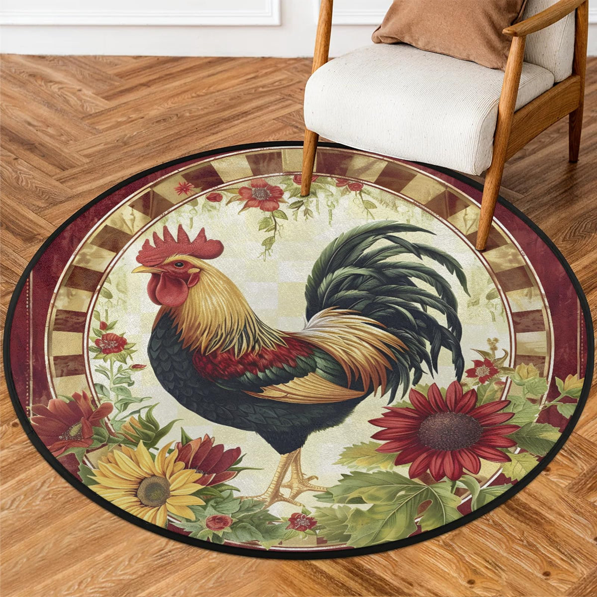 5 Ft Red Rooster Round Rug Circle Area Rugs Circular Door Mat for Indoor (A:a-1 / 5'5" (Round))