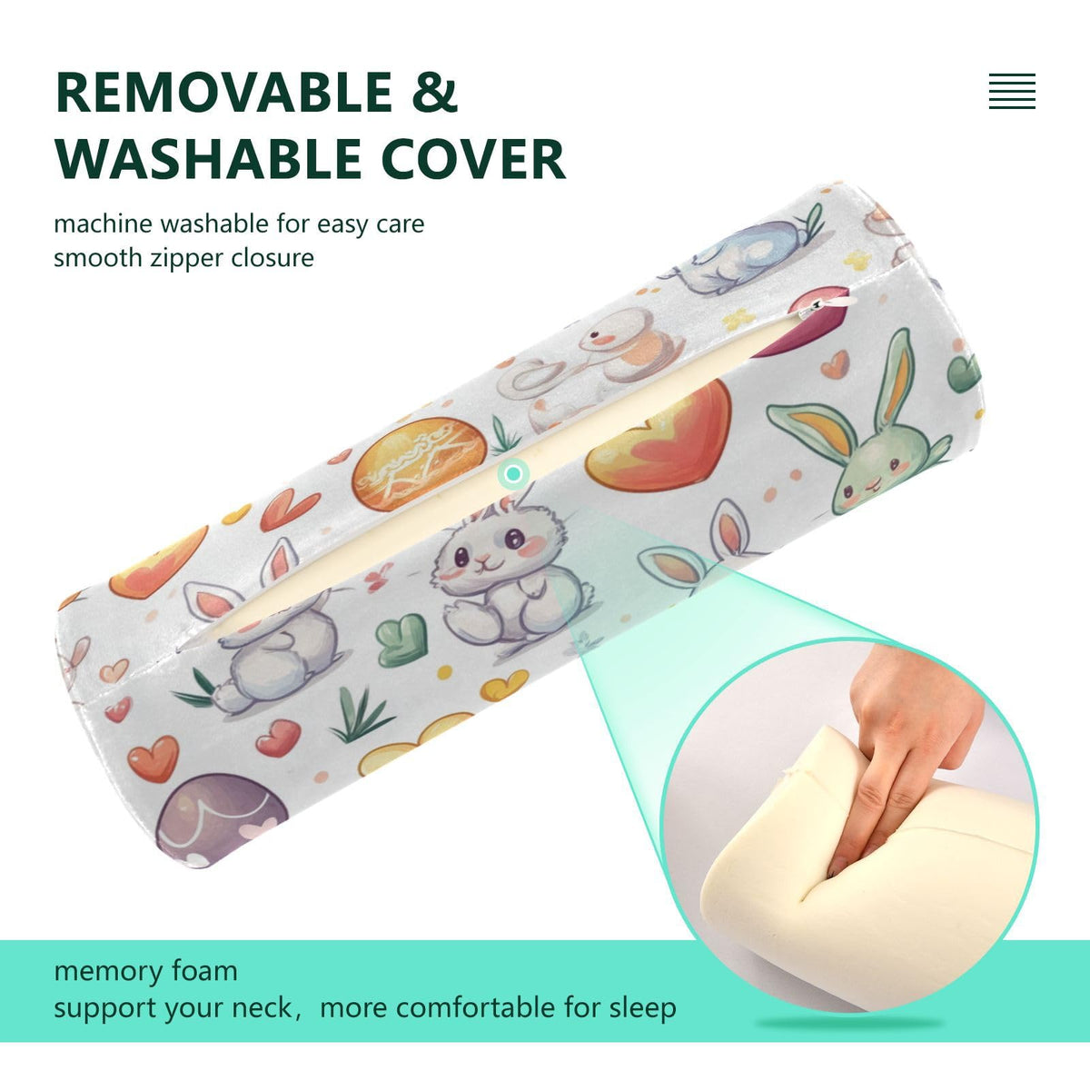 White Rabbit Easter Egg Love01 Neck Roll Pillow Bolster Round Health Memory Foam Long Cervical Cylinder Pillows with Removable Washable Cover for Body Bed Legs Back Yoga (White Rabbit Easter Egg Love01)