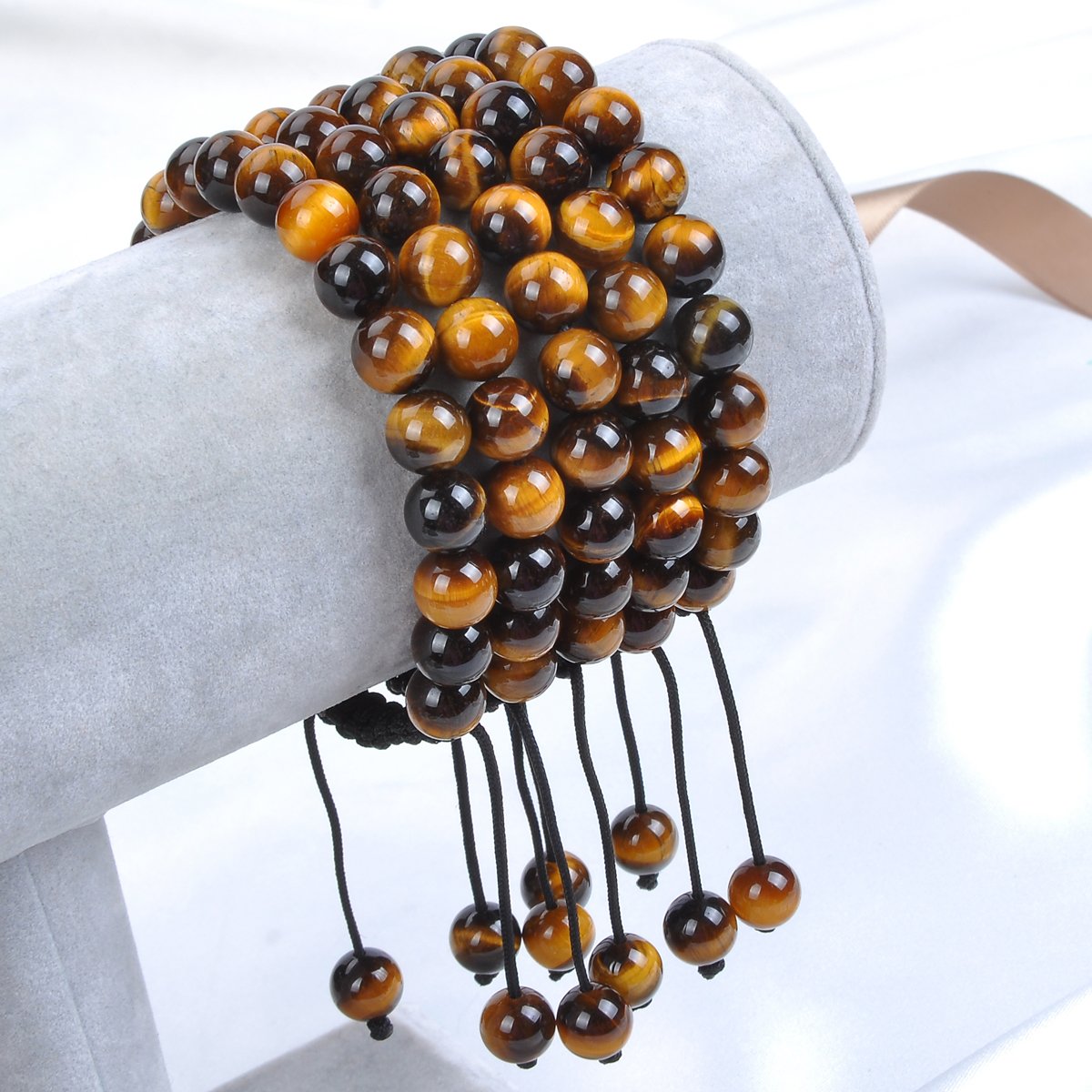 Natural Healing Power Gemstone Crystal Beads Unisex Adjustable Macrame Bracelets 6mm (Yellow Tiger Eye / 6mm)