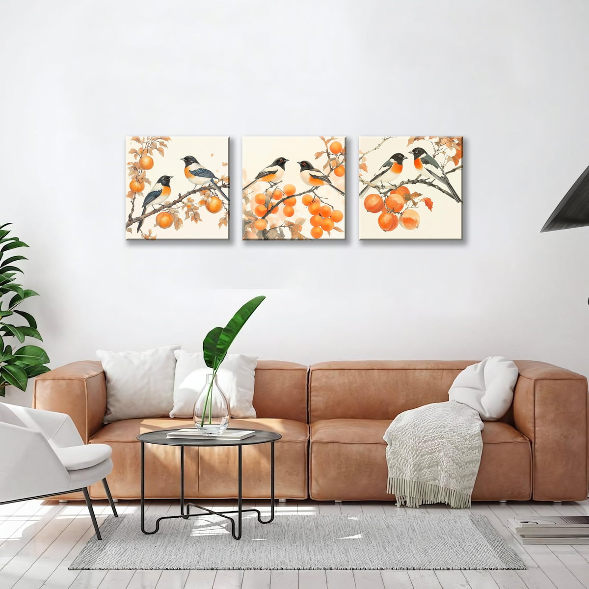 3PCS Vintage Style Watercolor Birds Orange Fruits Canvas Wall Art Botanical Autum Natural Scene Artwork for Living Room Bedroom Office Calming Wildlife and Fruit Branch Framed Canvas Prints (Birds Orange Fruits / 16x16 inches (3 pieces))