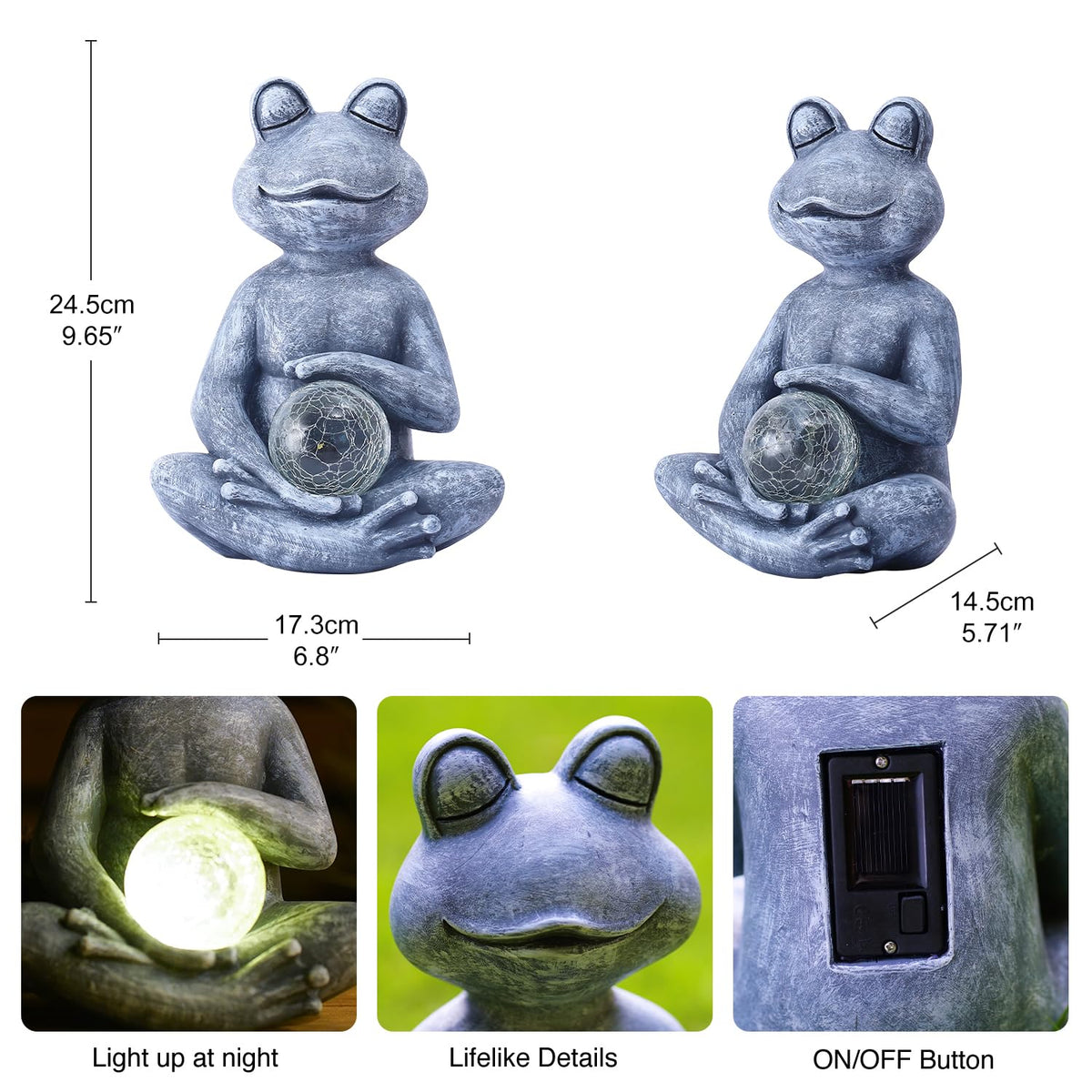 Frog Statue with Solar Gazing Ball Lights (Gray)