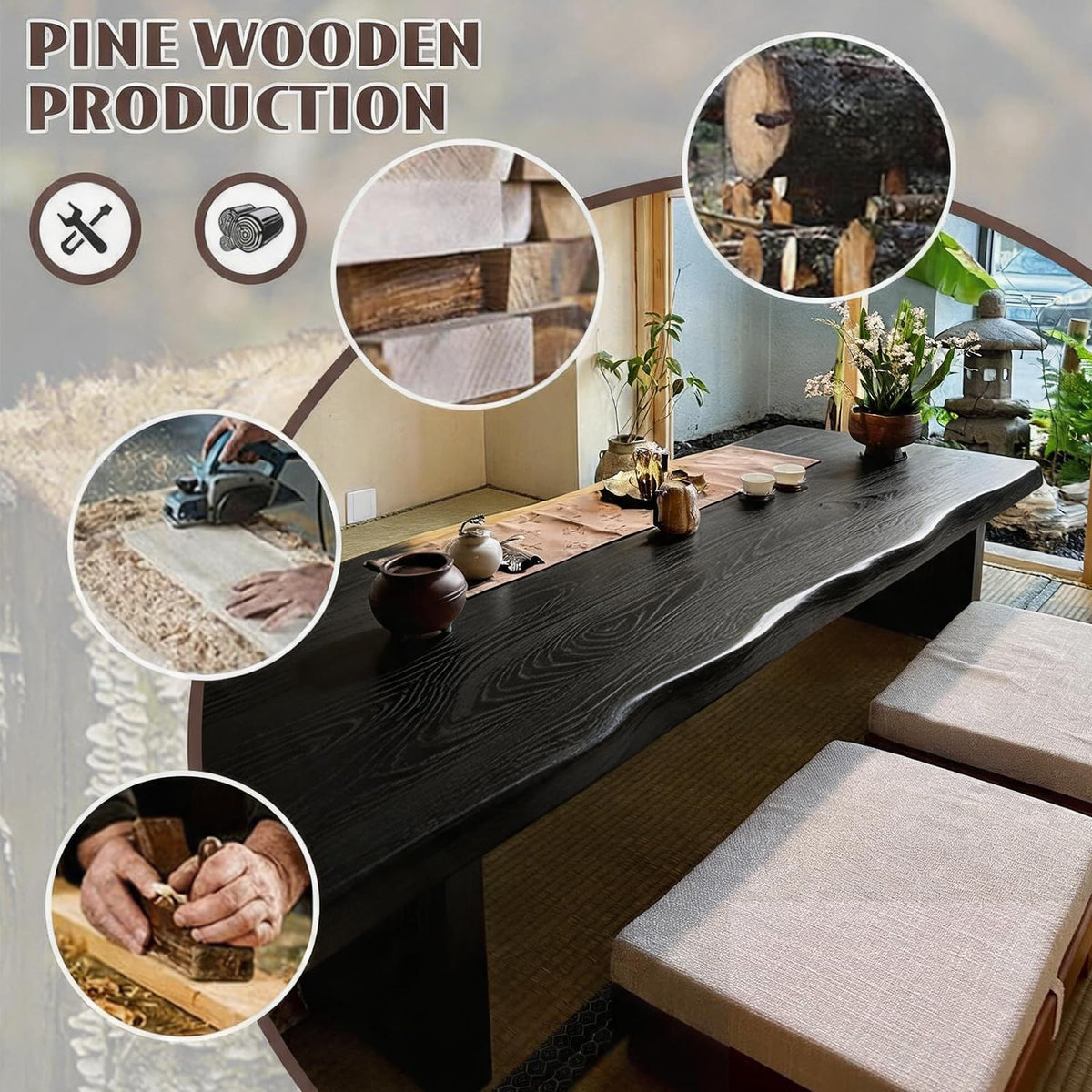 79" Solid Wood Japanese Floor Table (Black / 200*60*35cm)