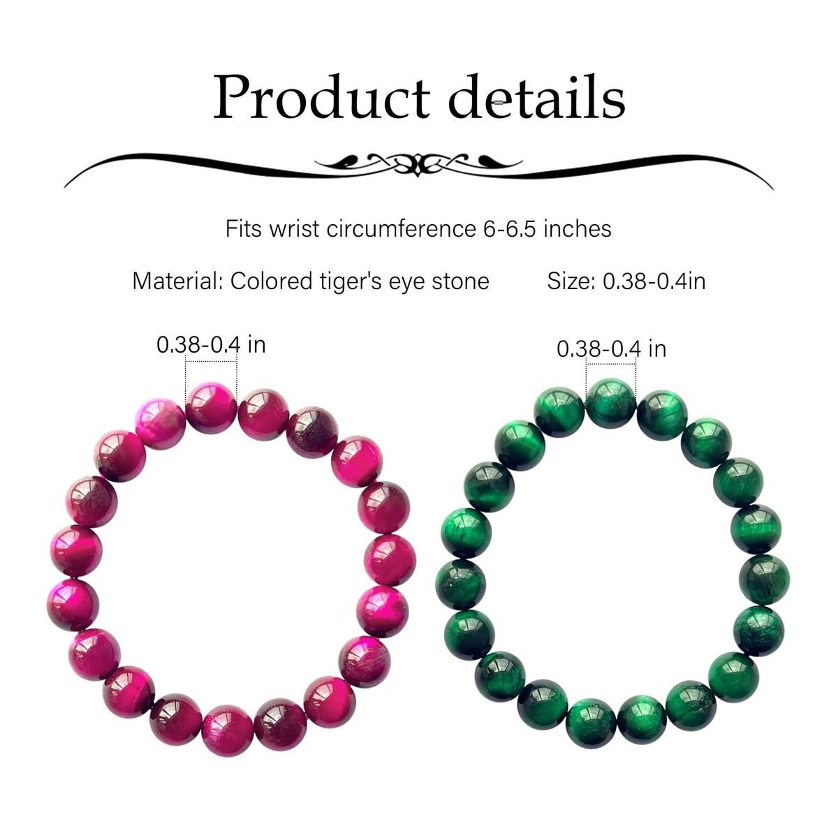 Natural obsidian bracelet (10mm Tiger Eye (Pink+Green)-2 Pcs)