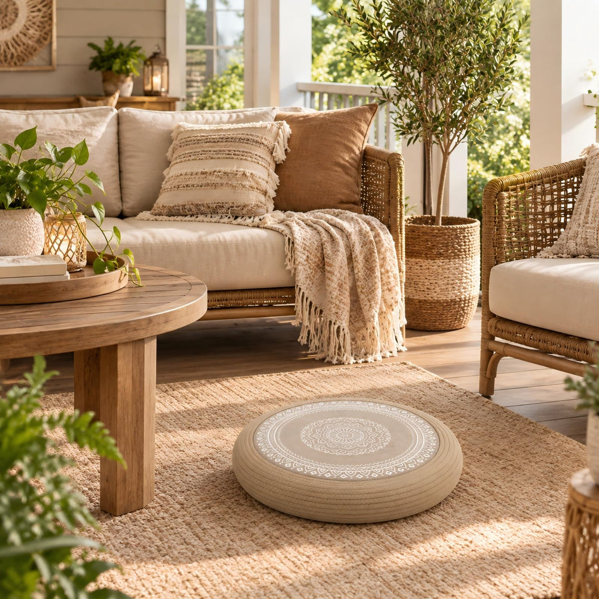 Handwoven Jute Pouf Ottoman (Yellow Brown White / 19.7"D x 19.7"W x 3.9"H)